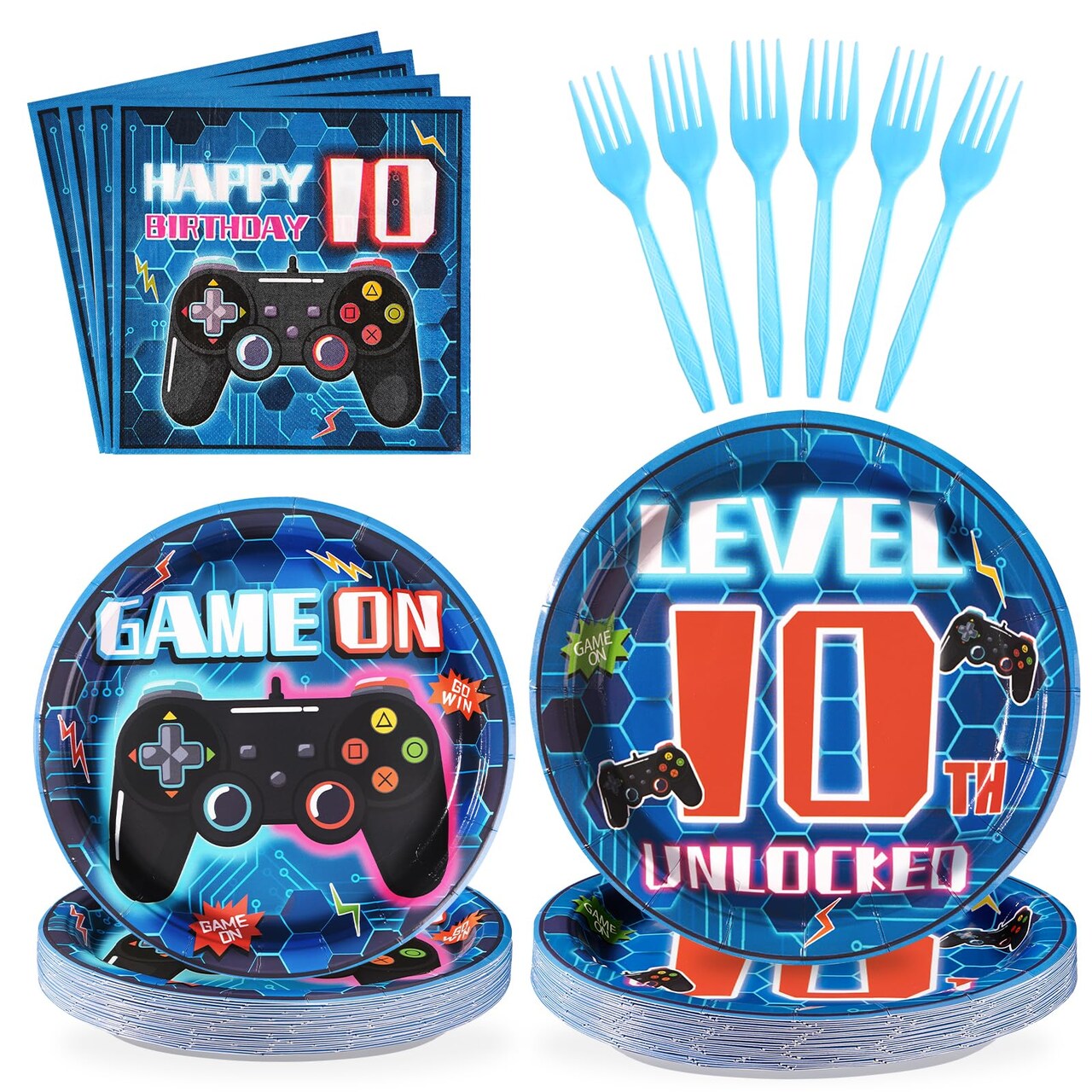 96 Pcs 10th Birthday Video Game Party Supplies 350 GSM Video Game Birthday Decorations Disposable Paper Plates and Napkins Tableware Set for Kids Boys 10th Birthday Gamer Gaming Party Serves 24